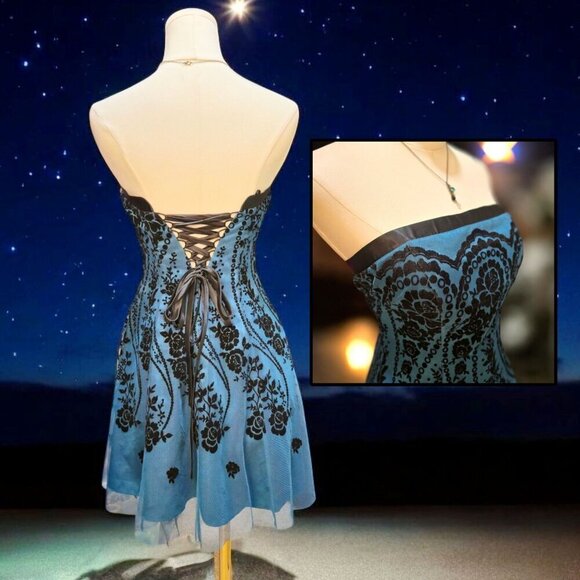 Morgan & Co. ✦ Strapless Blue Floral Dress ✦ Lace-Up Back Tulle Mini Sz 5/6 NWT - Picture 4 of 16